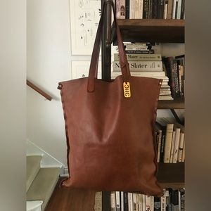 SOLD CHC Oversized Cognac Brown Leather Tote or Weekender Bag with Gold Charm